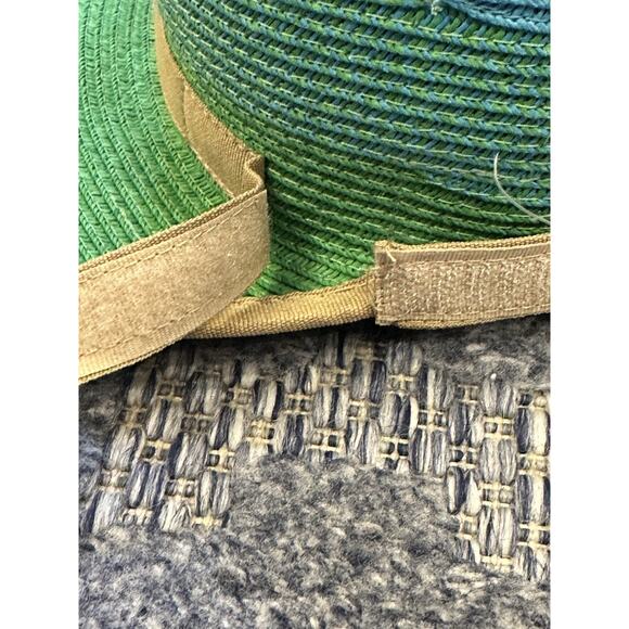 Sun N’ Sand Womens Straw Wide Brim Hat UPF 50+ Protection Blue Green Natural EUC